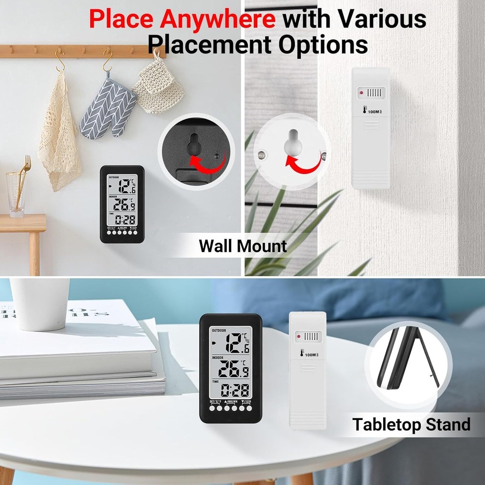 Digital Thermometer Clock Wireless Transmitter Indoor/Outdoor Temperature Meter