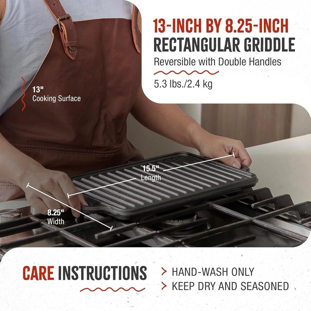 Rectangular Cast Iron Griddle. Double Burner Griddle, Reversible Grill, 13 x ...