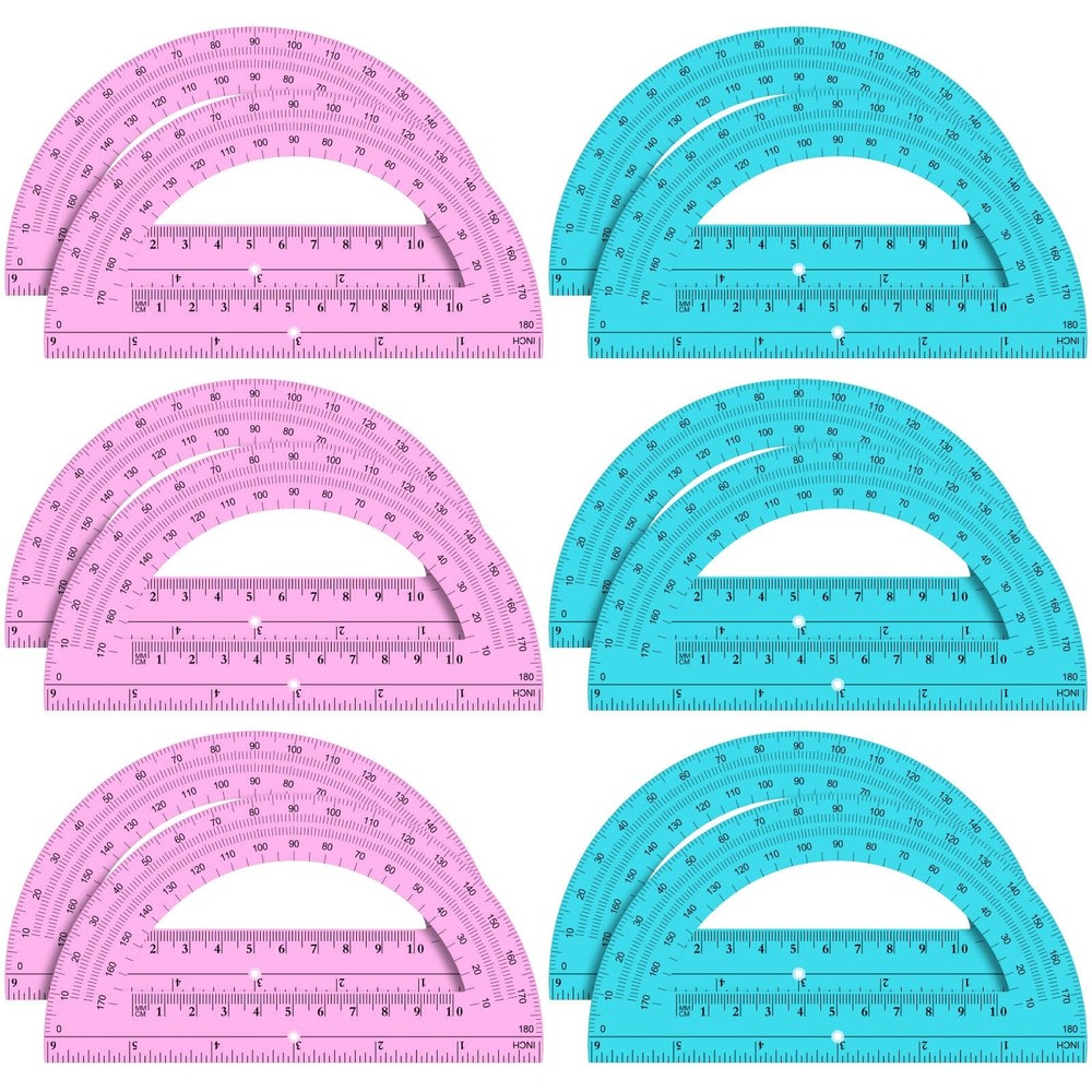 Plastic Math Protractor Bulk 12-PCS 6-Inch 180 Degrees Pink and Blue Set