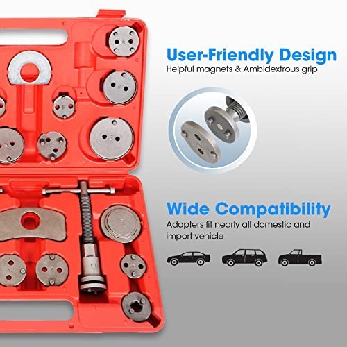 Heavy Duty Brake Caliper Compression Tool Kit - 23pcs Piston Reset Set with Case