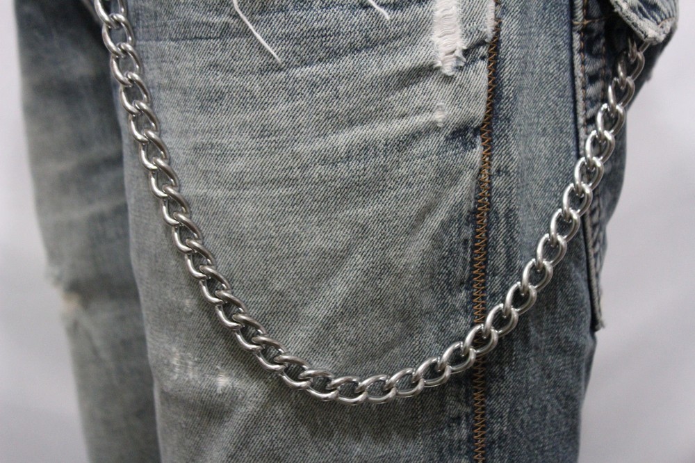 Men Silver Metal Short Wallet Chains Thick Link Simple Jeans Basic Biker Classy