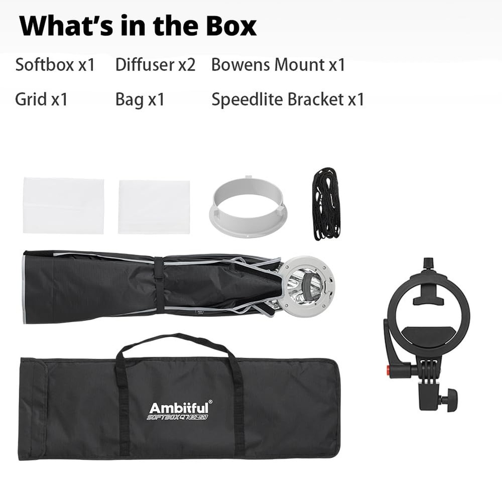 AMBITFUL 25.6" / 65cm Octagonal Softbox, Quick Release with Bowens Mount & Sp...