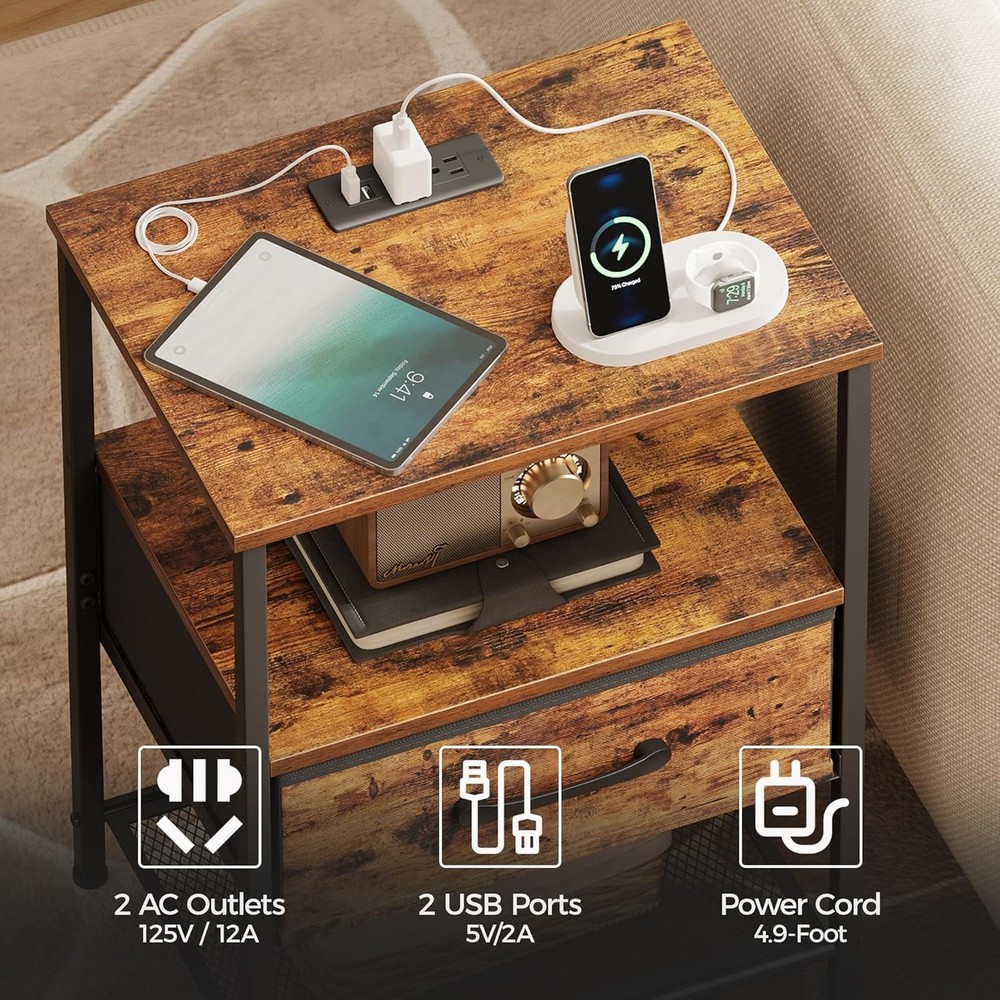 Night Stand Set 2, End Table with Charging Station, LED Bedside Table with Fa...
