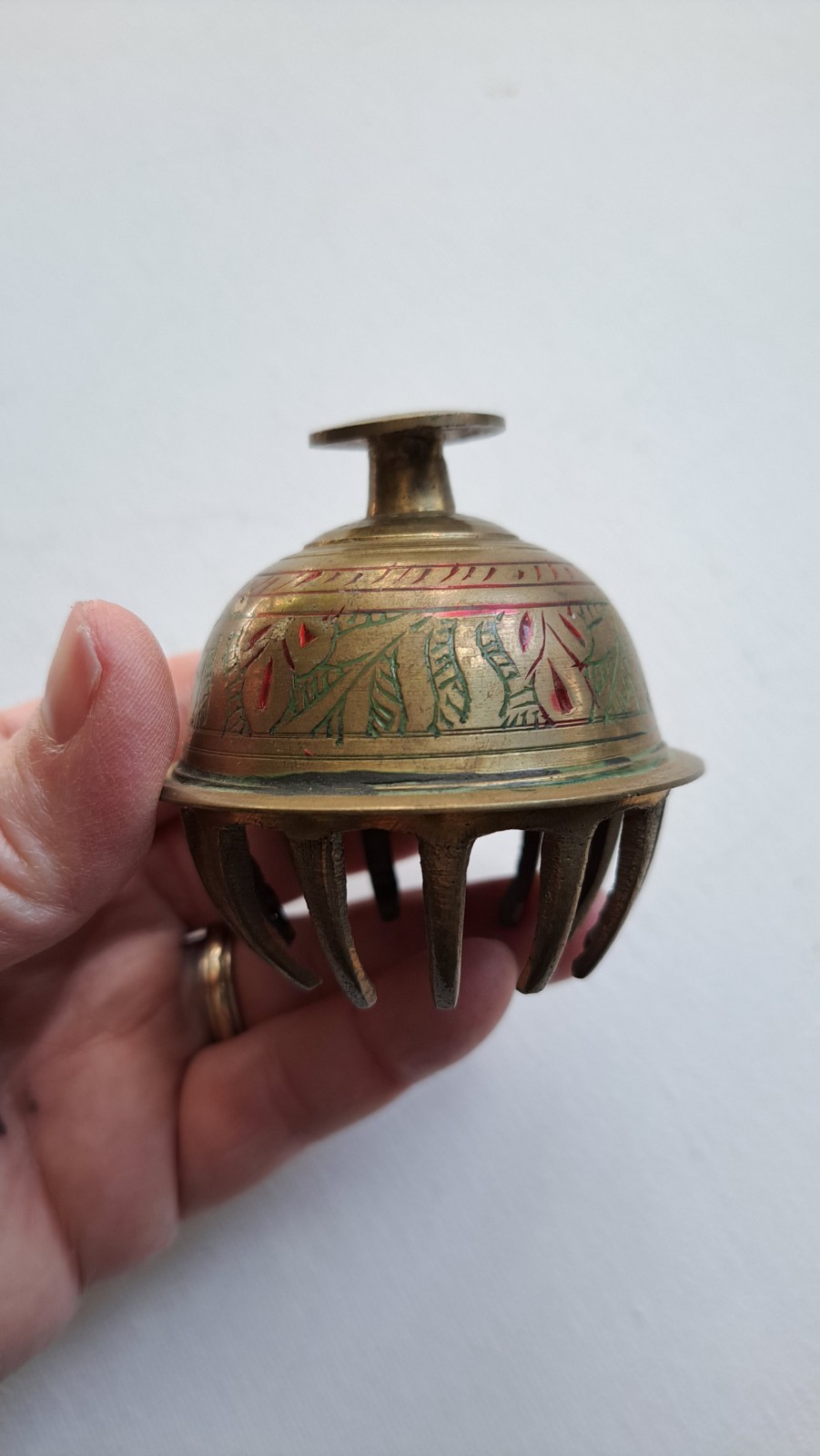 Brass Etched Design Elephant Claw Bell Meditation Temple India Vintage Prayer