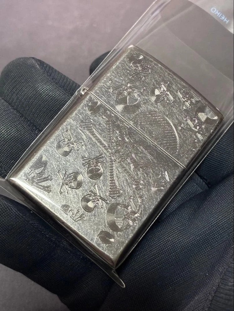 Zippo Skull Etching Silver Double Sided Processing Lighter Regular Japan