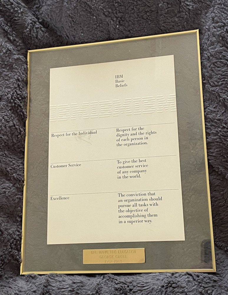 Vintage IBM Computer Framed Basic Beliefs Embossed Values Sign Document