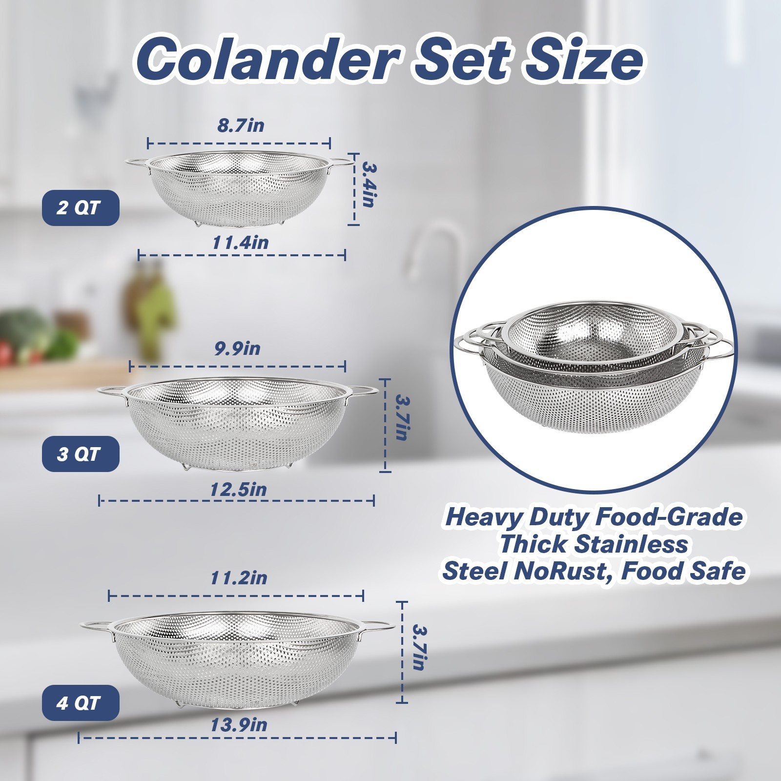 tastyWay 3Pcs Colander Set Stainless Steel Kitchen Bowl Drainer Vegetable Sieve