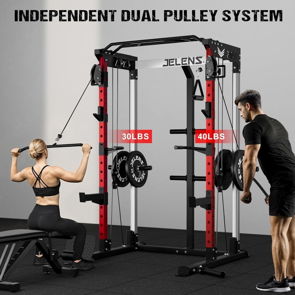 Power Rack Cage, Weight Rack with Dual Pulley Cable Crossover Machine,Multi-Func