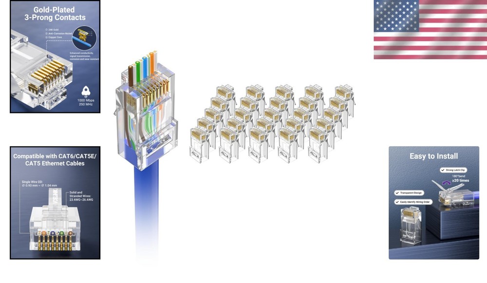 User-Friendly 25-Pack RJ45 Cat6 Connectors for Solid or Stranded Network Cables