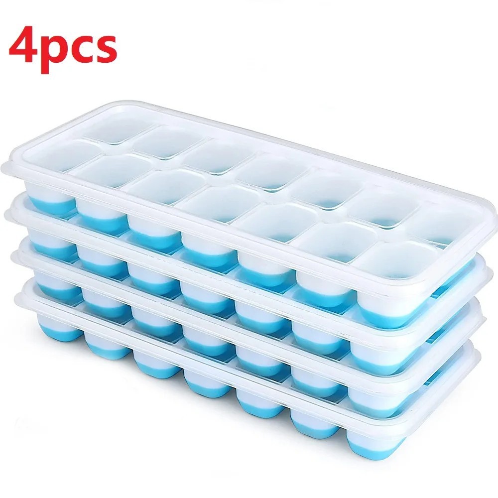 Ice Cube Tray, 1-4 Pack Silicone Ice Tray, 14 Ice Cube Molds with Lids,Stackable