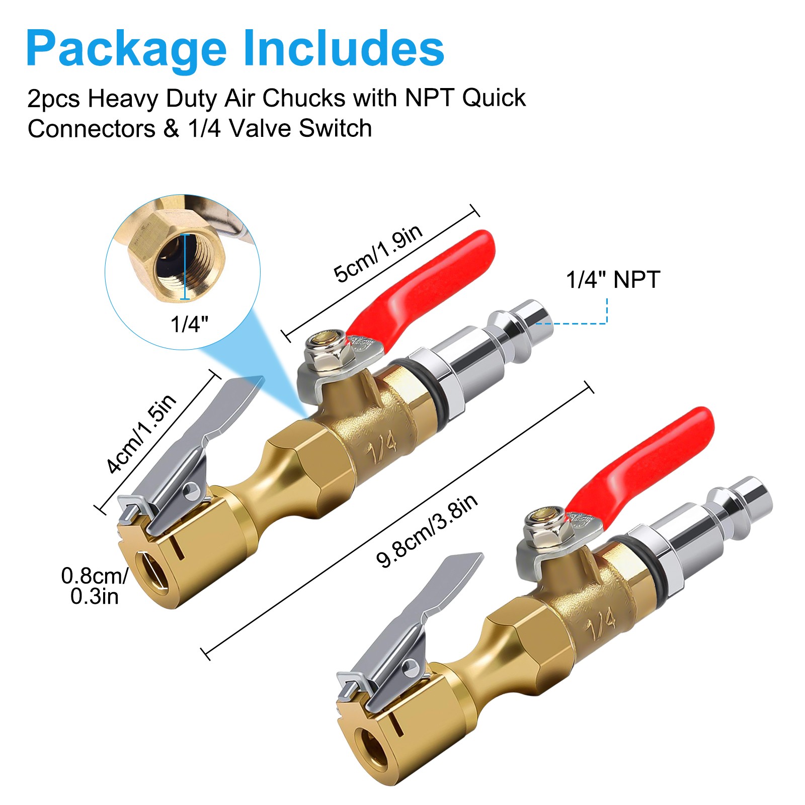 Portable Air Chuck Tire Inflator Nozzle Brass Lock-On Clip Switch 1/4" NPT Quick