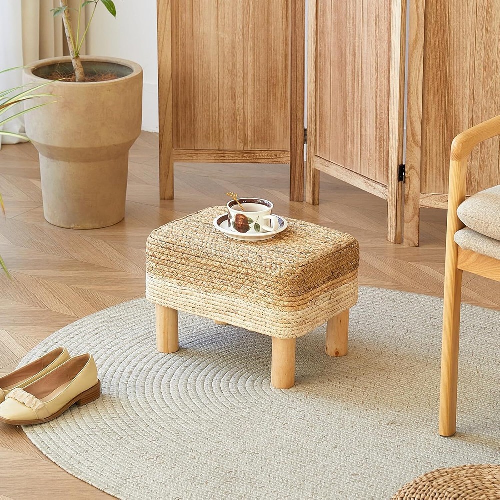 Rectangular Footstool Seagrass Footstool, Hand-Woven Dressing Stool, White