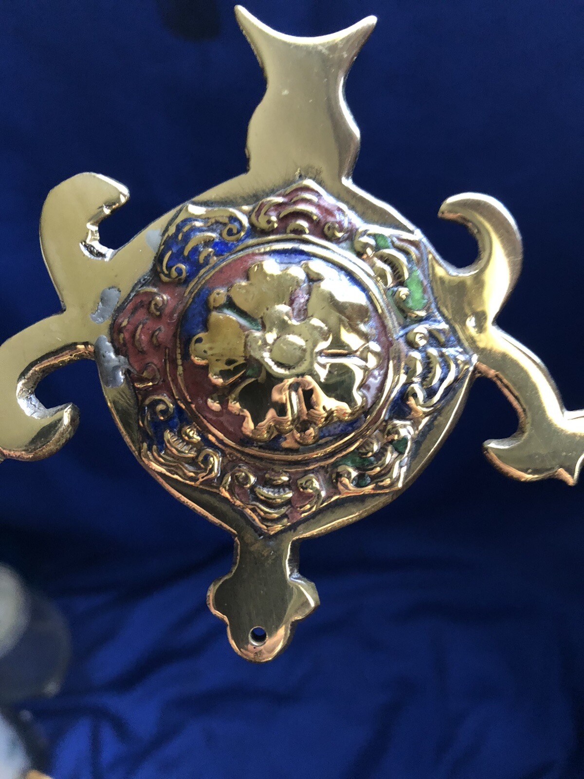 Vintage Antique Chinese Cloisonné Brass Gong Temple Bell Frame (No Bell) Symbols