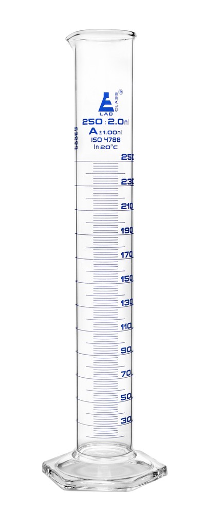 Eisco Labs 250ml Graduated Cylinder, Class A - Blue Graduations, Hexagonal Base