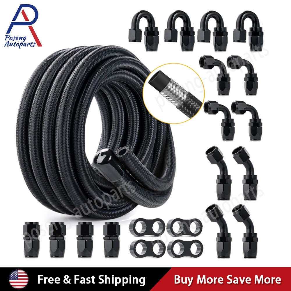 10/20FT 6AN 8AN 10AN 12AN CPE Braided Nylon Fuel Line Kit Fuel Hose End Fittings