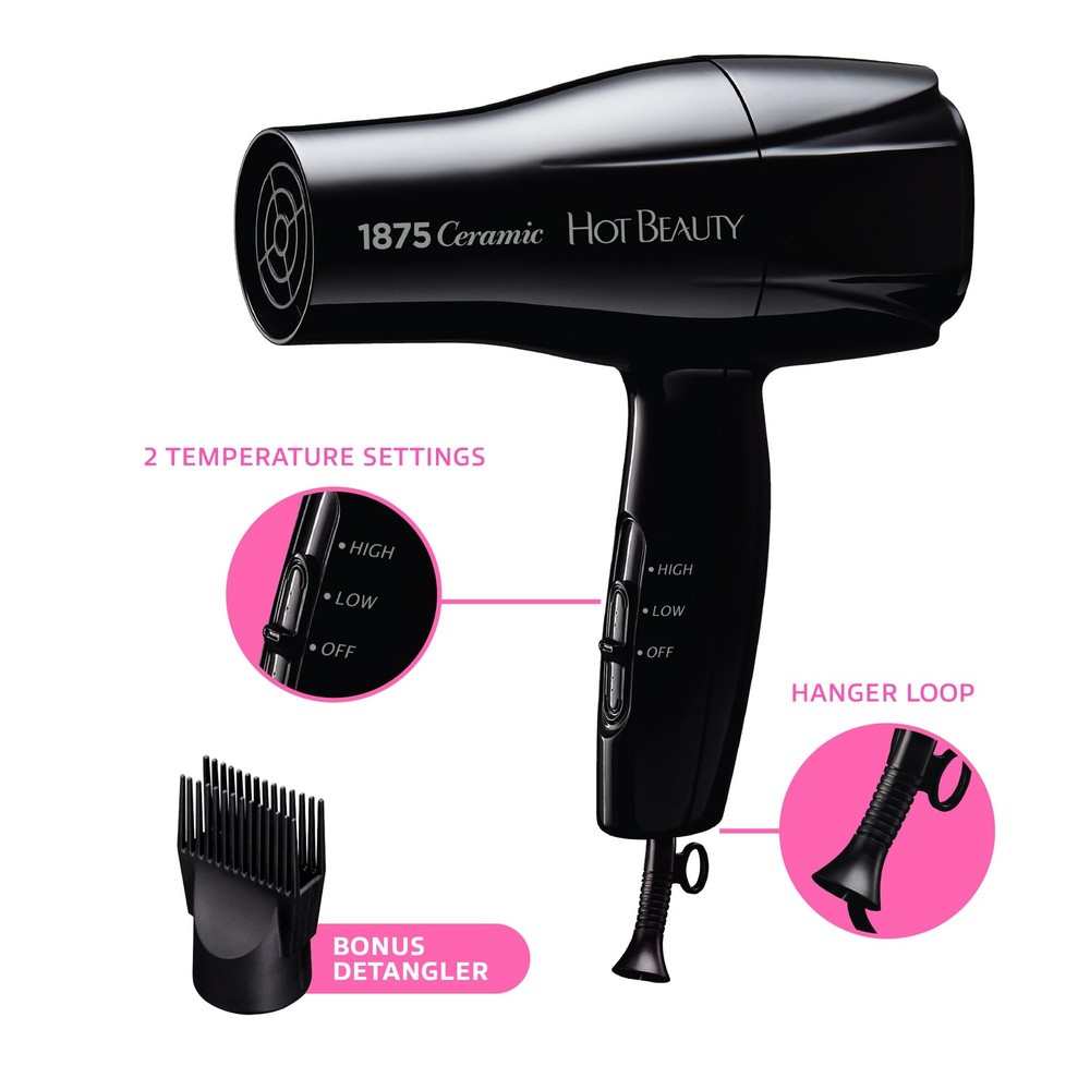 1875 Ceramic Hair Dryer, Powerful Fast Drying, Multi-Setting with Comb Attach...