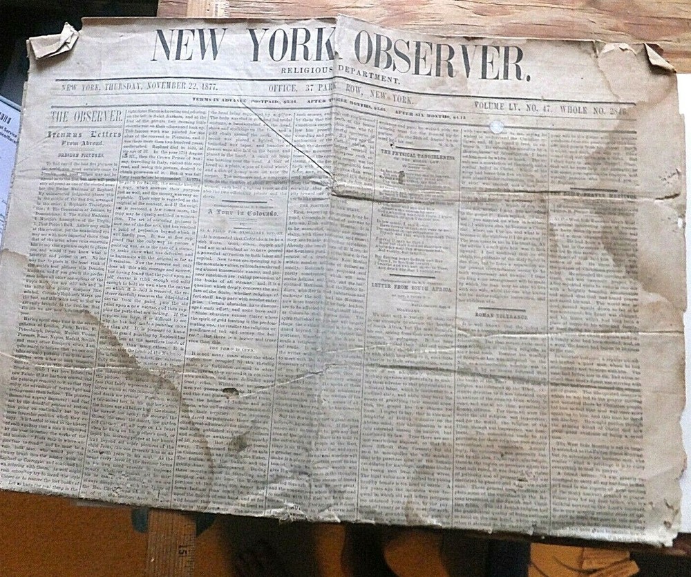 1877 New York Observer Newspaper. Two Sections - Religious Dept. & Secular Dept.