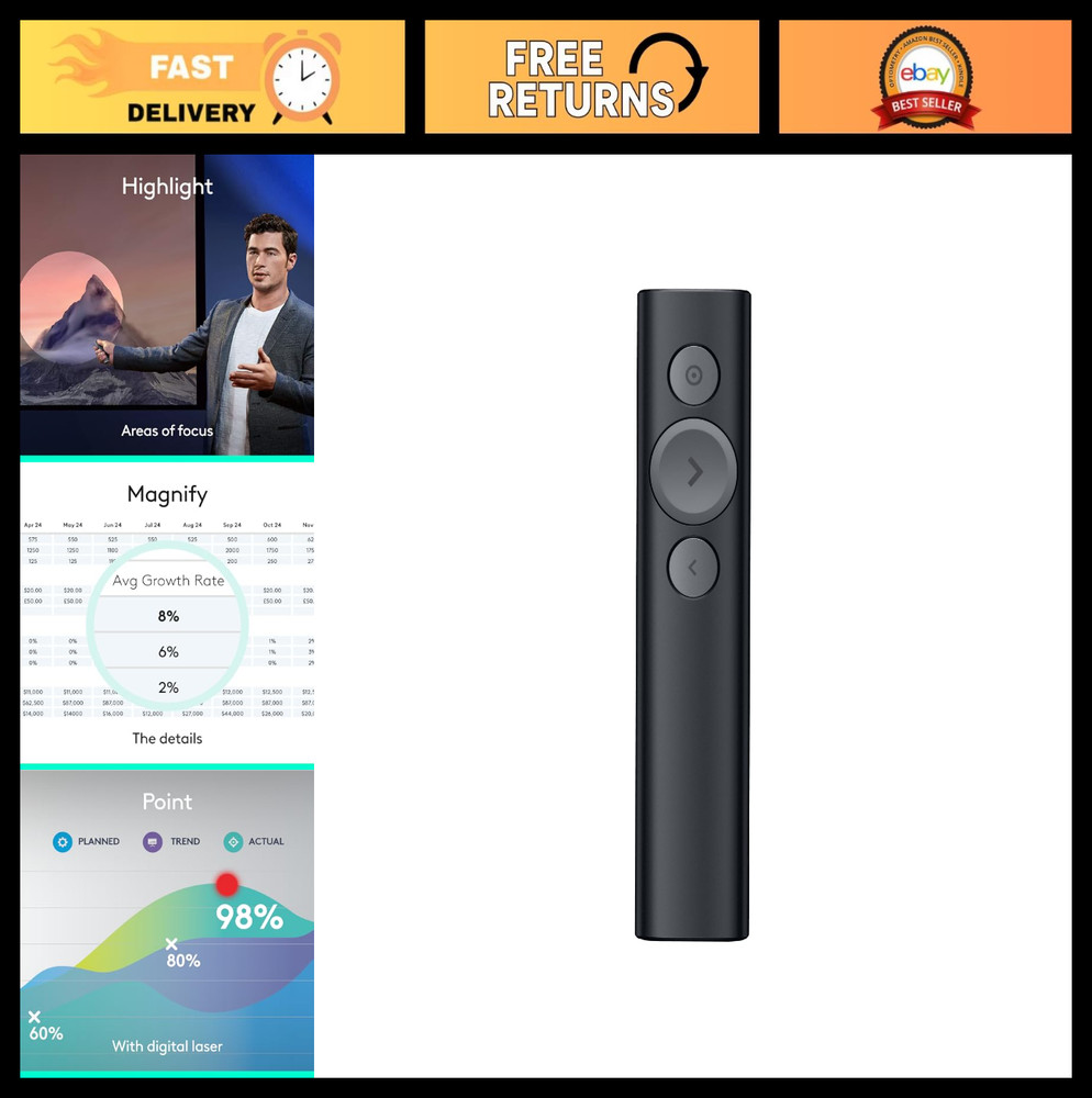 Universal Wireless Presentation Clicker with Laser Pointer, Bluetooth, 30m Range