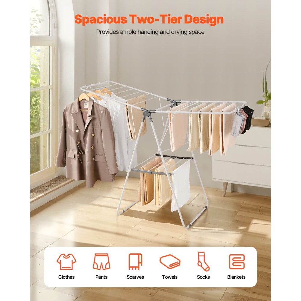 2-Tier Laundry Drying Rack with Adjustable Height, Sock Clips & 21 Rods