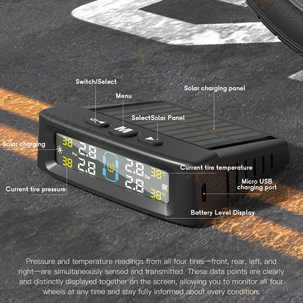 6 Comprehensive Alert Modes TPMS Sensor &1 TPMS Receiver host fit screen LCD