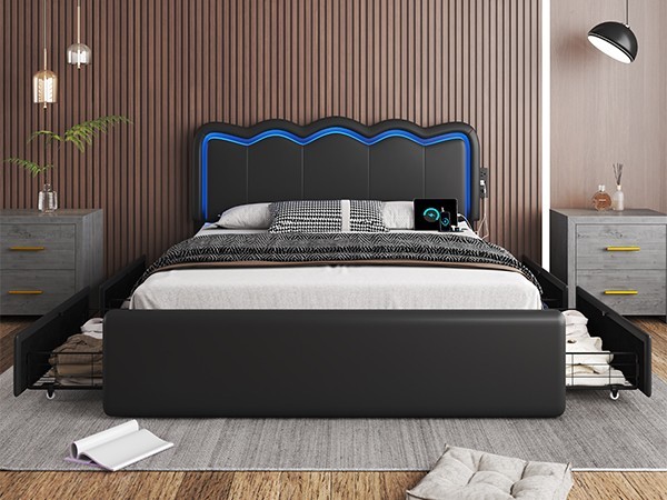 Full Bed Frame With 4 Large Drawers, Upholstered Headboard, Charging station.