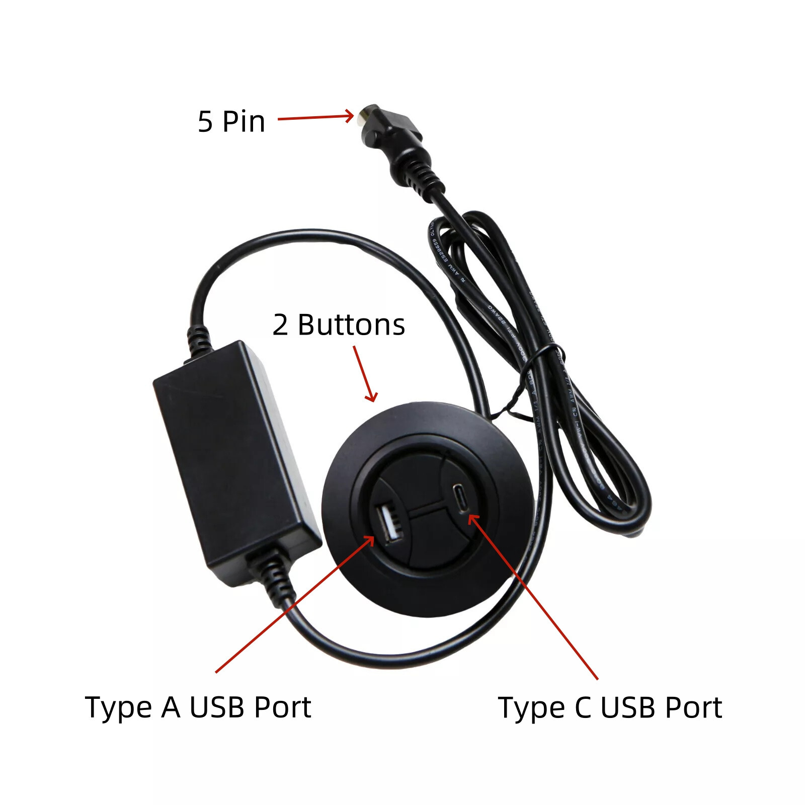 2 Button 5 Pin Round Switch Hand Control with USB A C Ports for Power Recliner