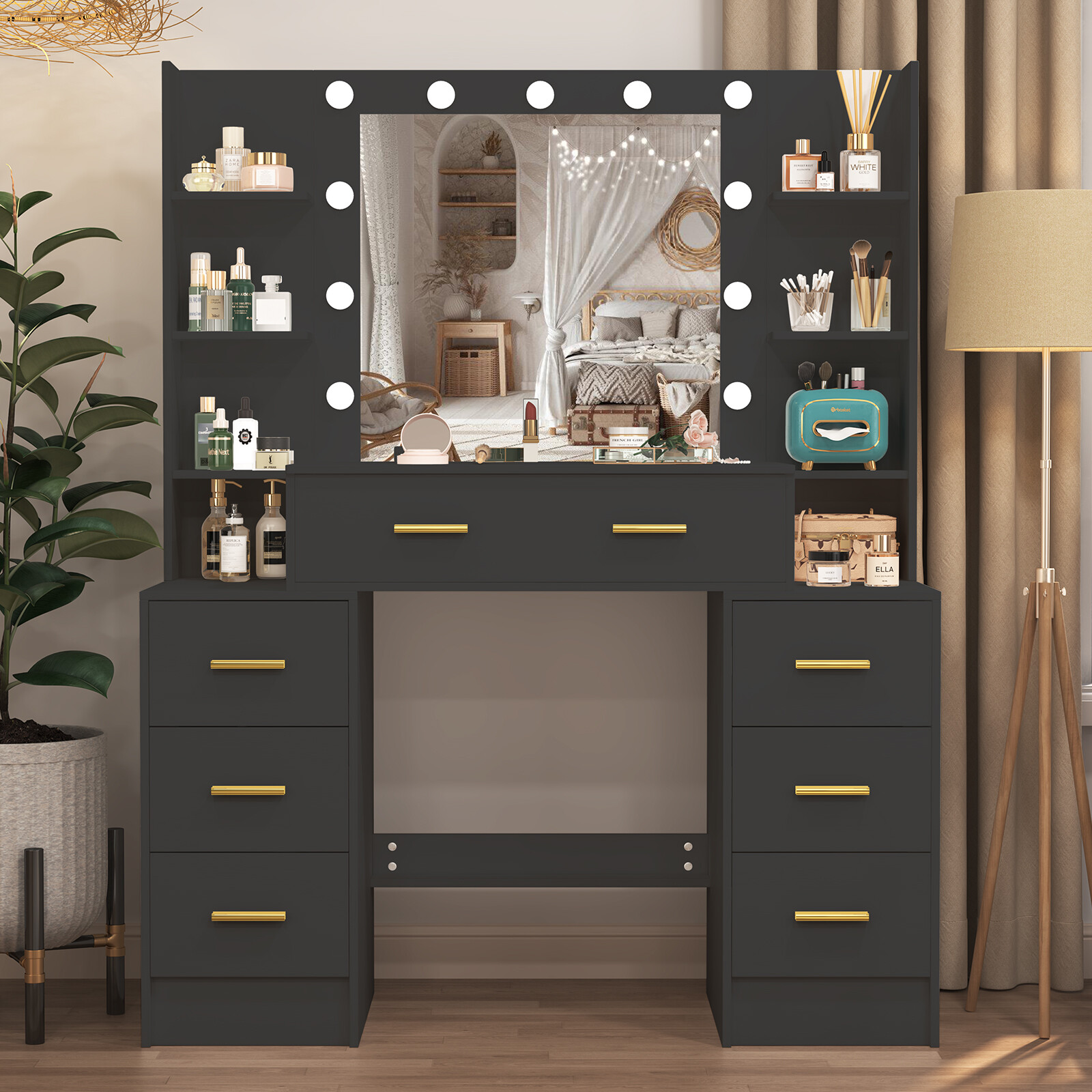 Vanity with Large Mirror and LED Lights Makeup Vanity Desk with 7 Drawers,Black