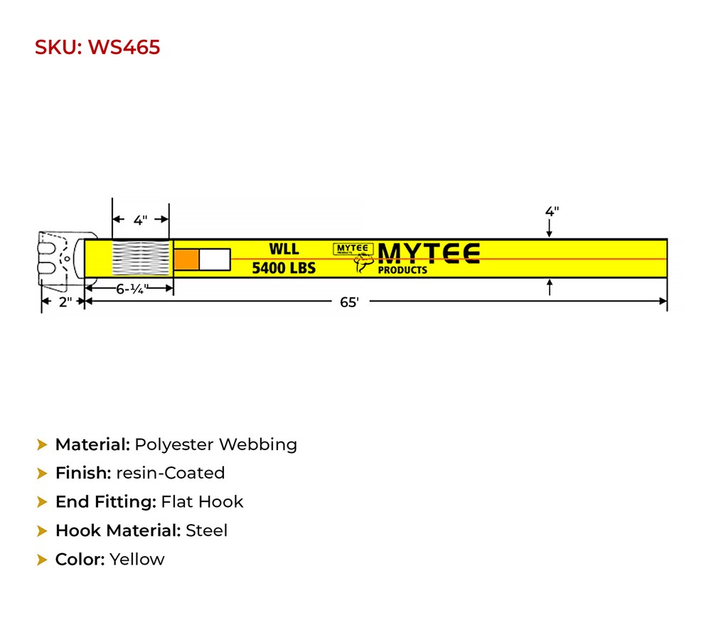 4"x65' Winch Straps w/flat hook, WLL 5400 Flatbed Tie Down Strap