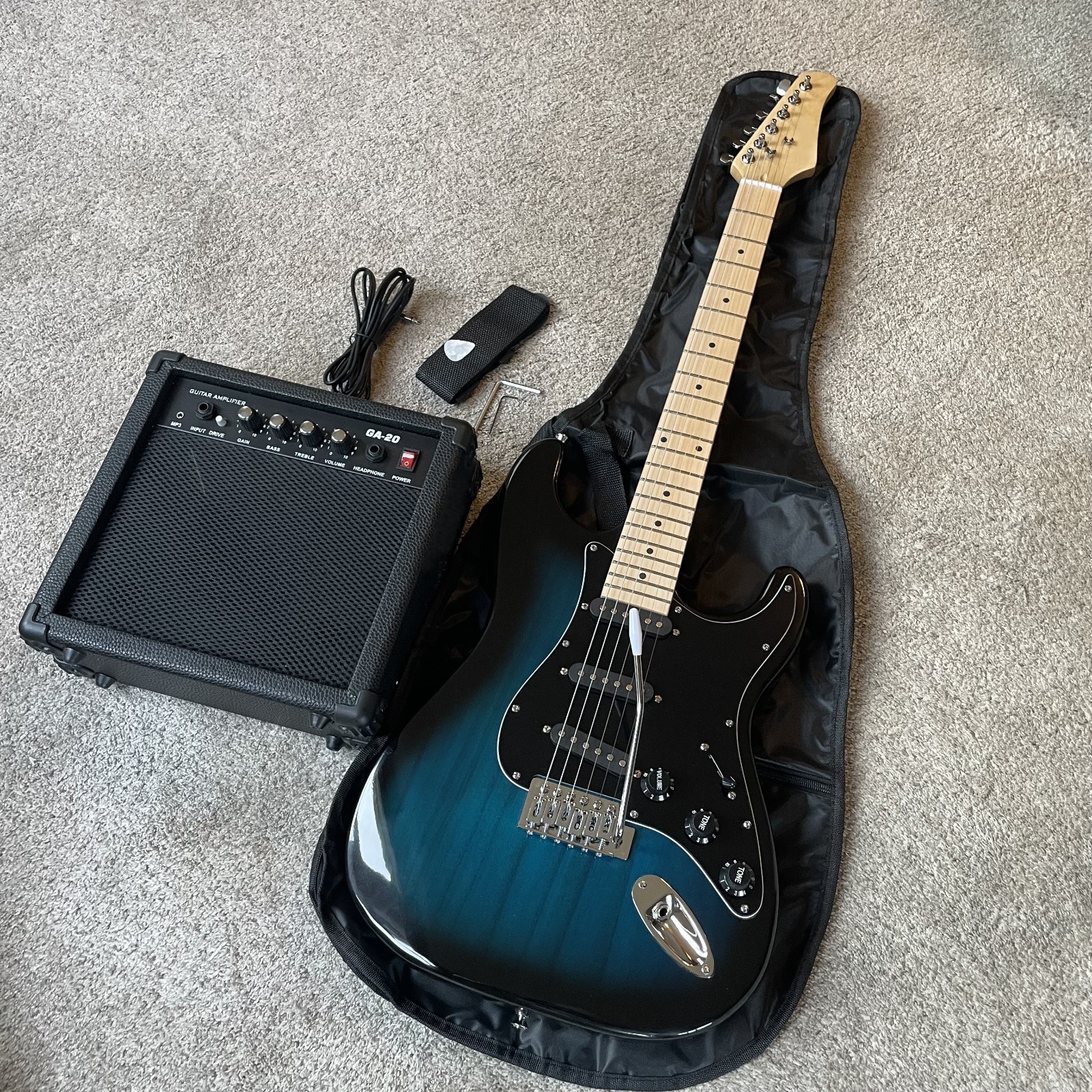 Blue Electric Guitar Starter Package with 20-Watt Amp and Accessories Full-Size