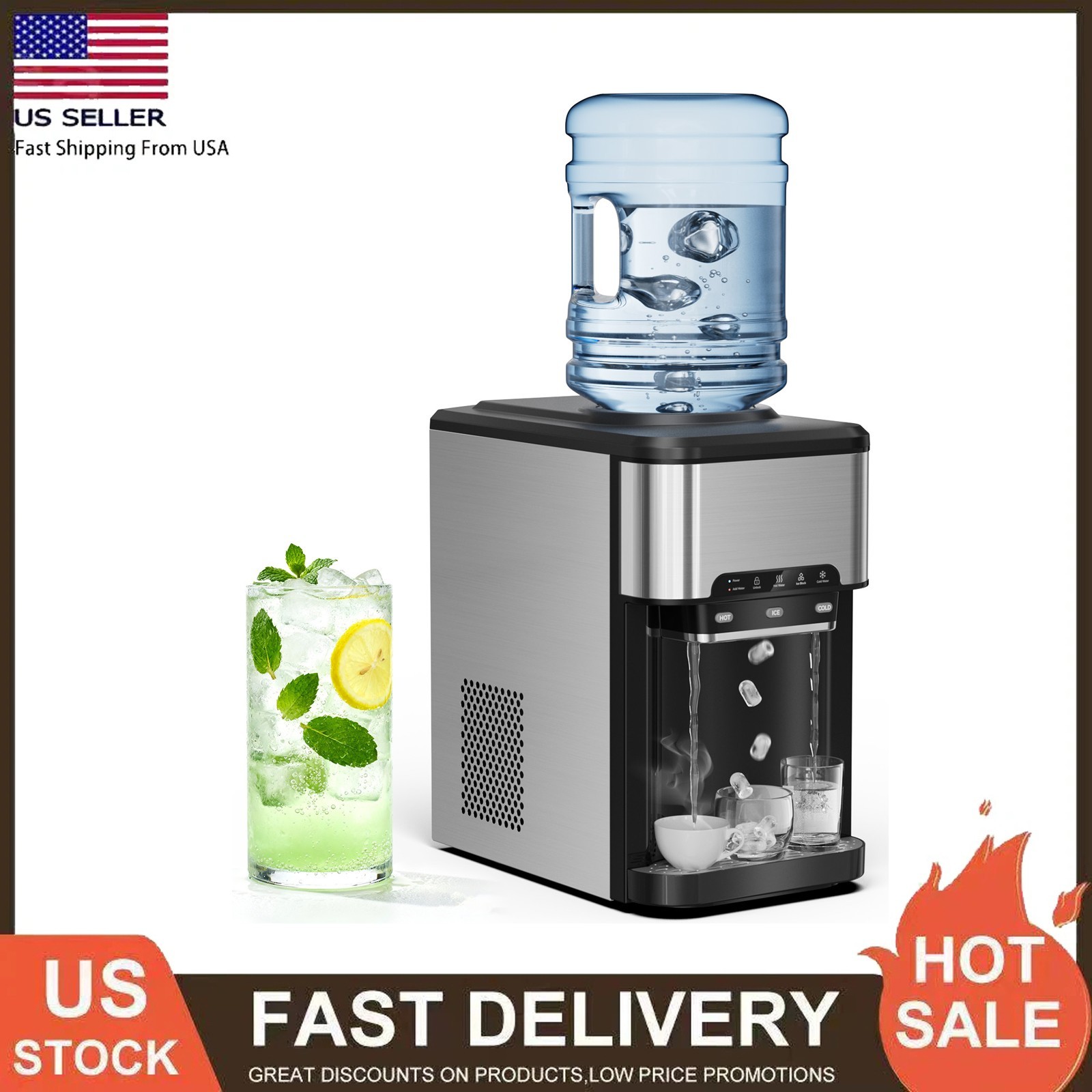 3 in 1 Countertop Ice Cube Maker 44lbs/Day with Water Dispenser Combo Machine