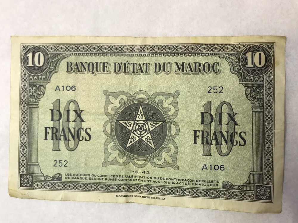 1943 Morocco 10 Franc Note