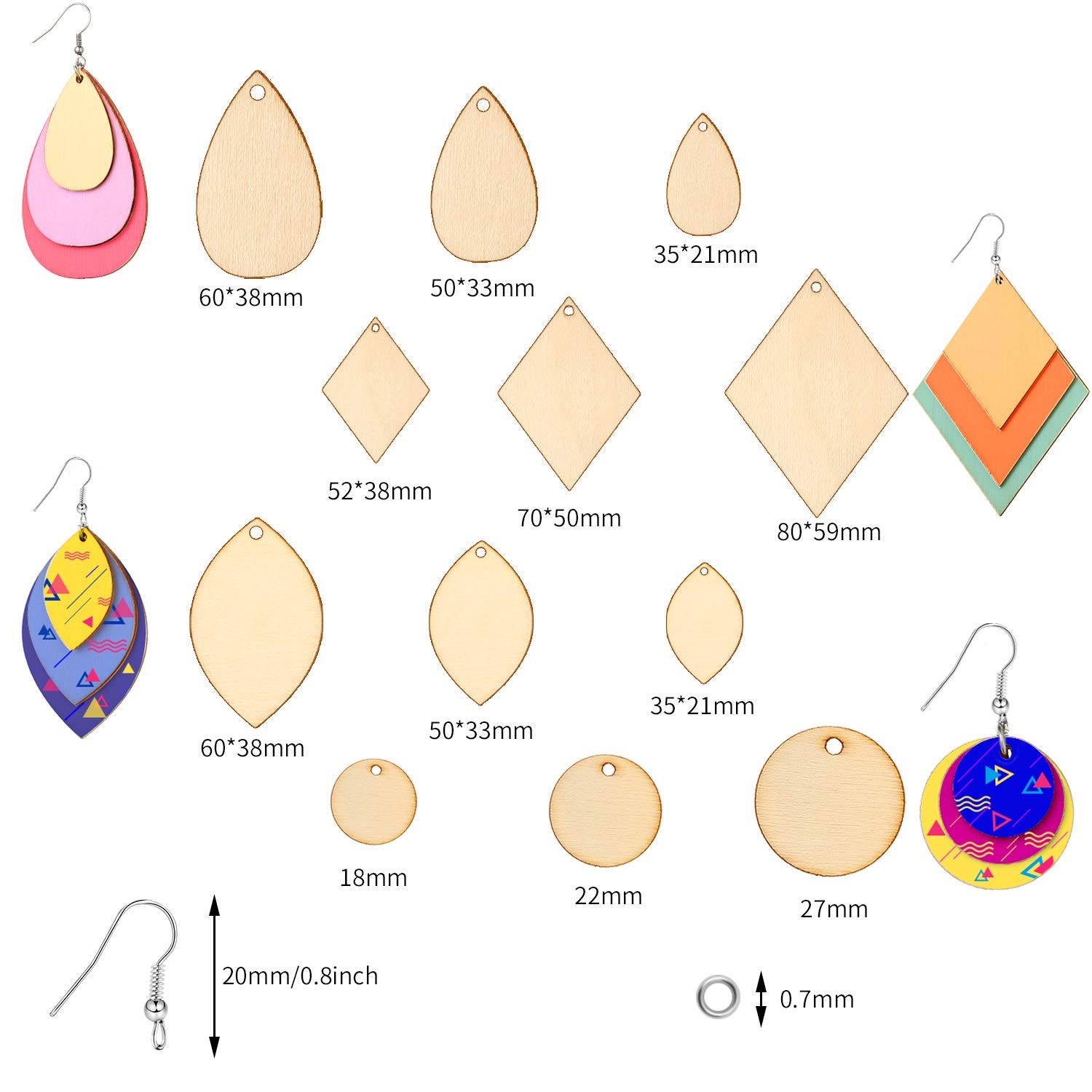 240 Pcs Wooden Earring Blanks Kit Teardrop Wood Pendants with Hooks & Jump Rings