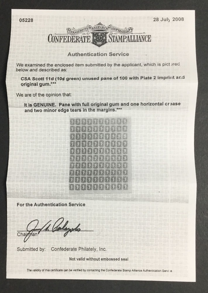 MOMEN: US STAMPS CSA #11d GREEN IMPERF MINT OG NH XF+ CSA CERT LOT #90064
