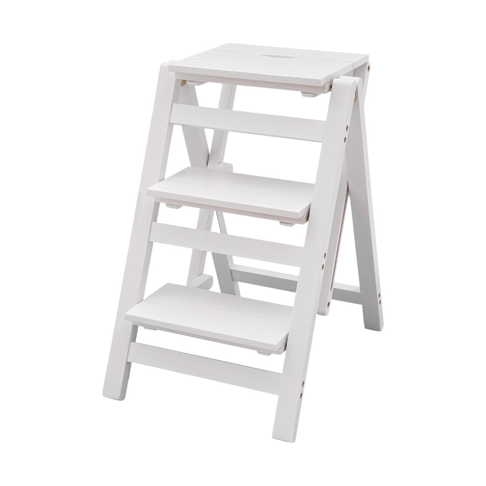 3-layer Folding Step Ladder Folding Wooden Step Stool Not Require Assembly White