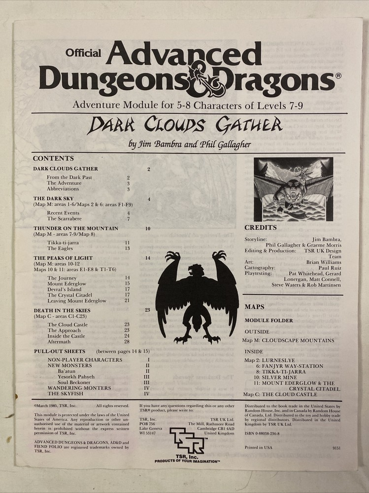AD&D Module UK7 - DARK CLOUDS GATHER - COMPLETE - D&D TSR 9151