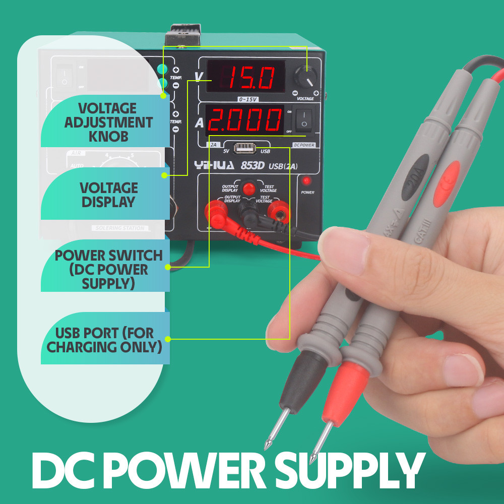 YIHUA 853D 800W 3-IN-1 Multi Station Iron Hot Air Gun 2A USB DC Power Supply