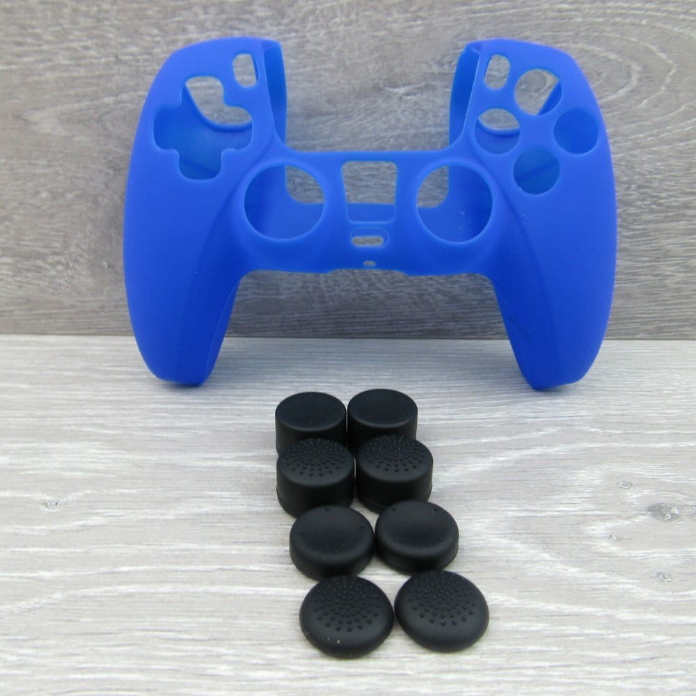 Silicone Grip Blue + (8) Multi Thumb Analog Caps For PS5 Controller Accessories