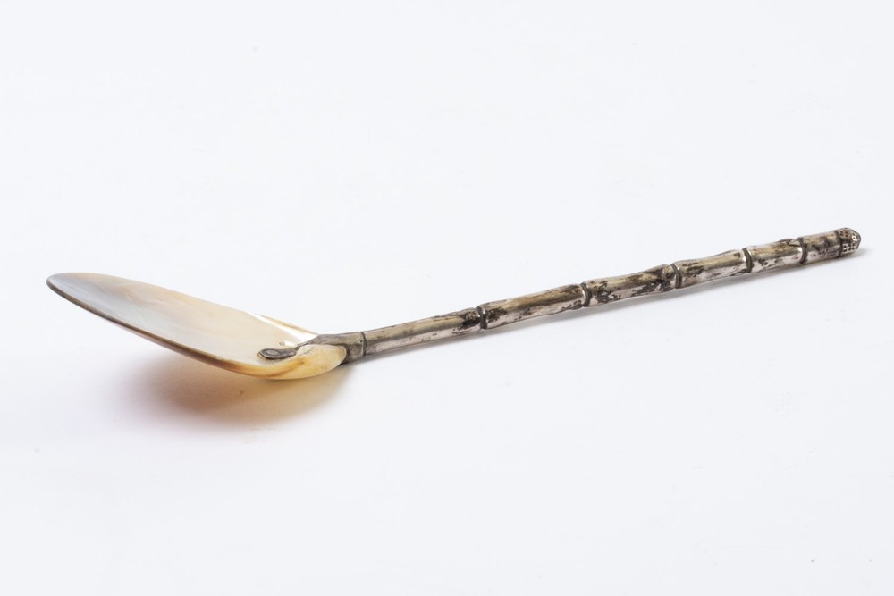 Antique Silver Plated Bamboo Handle Spoon with Shell Scoop 7.5" Long