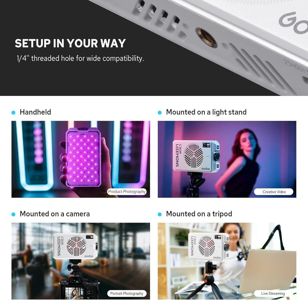 C30R RGB Camera Light Panel 30W, Portable Led Camera Video Light Panel W/Diffusi