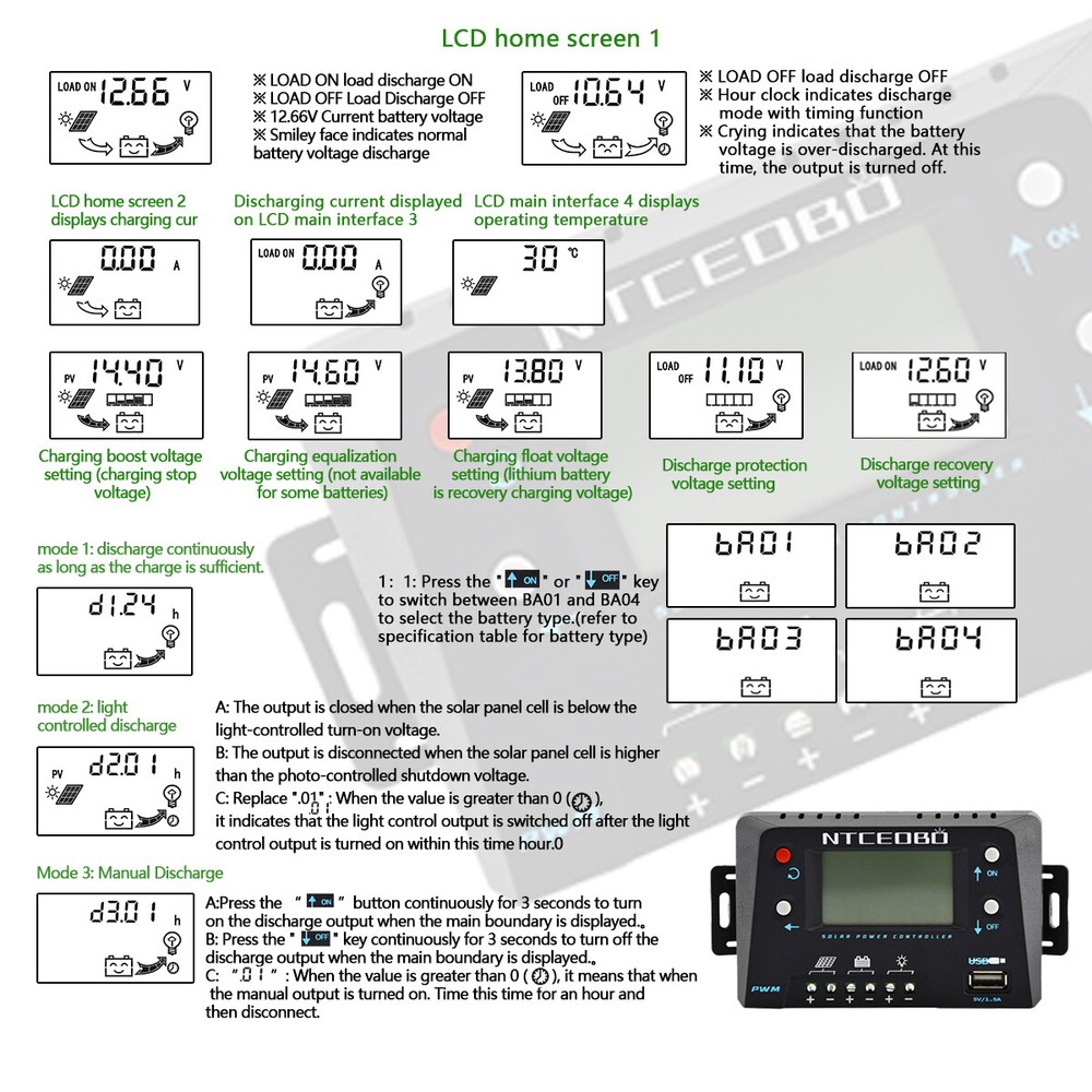 Large LCD Display 10A Solar Charge Controller 12V/24V,Double Button,USB Port