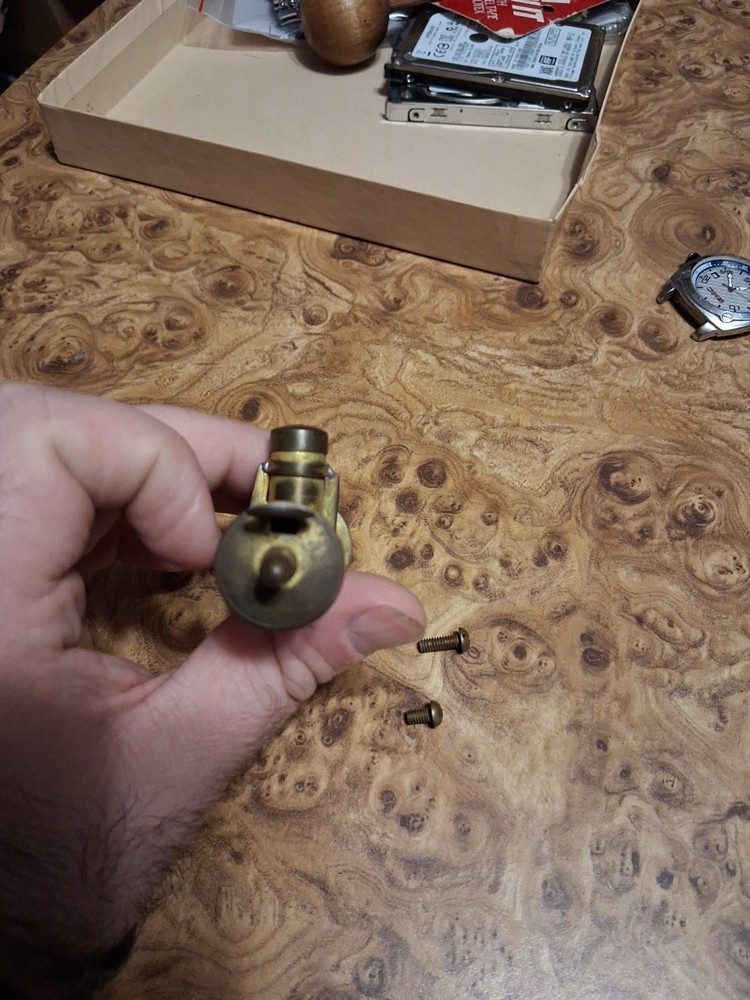 RARE SOLID BRASS BLACK POWDER FLASK SPOUT MUZZLELOADING ANTIQUE? EXTRA SCREWS