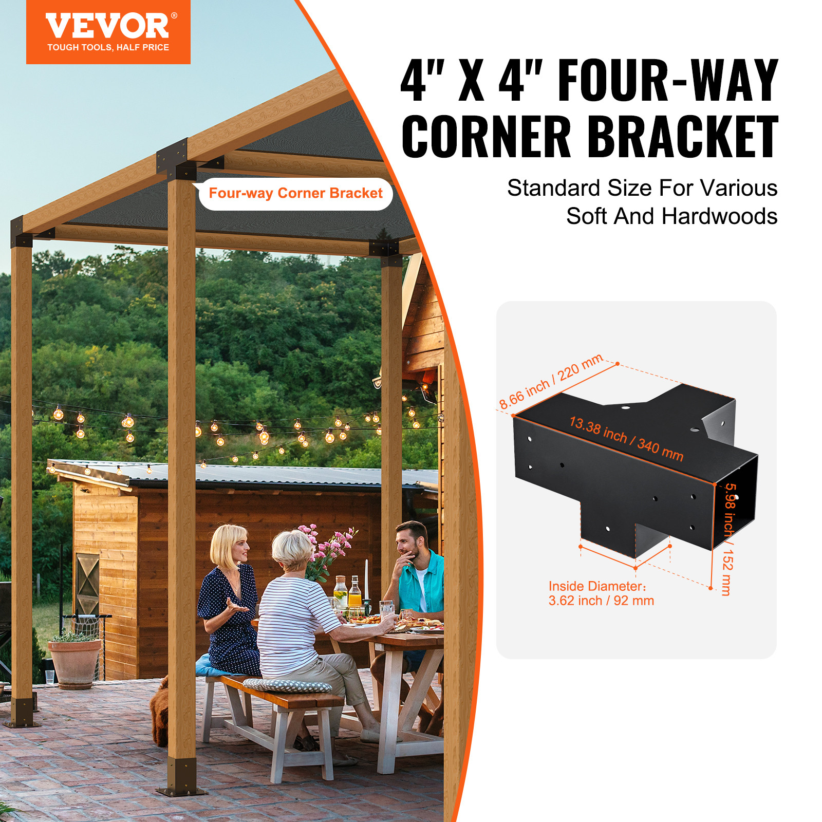 VEVOR 4''x4'' Pergola Bracket Kit inner 3.6x3.6 4-Way Woodworks DIY Post 2 pcs