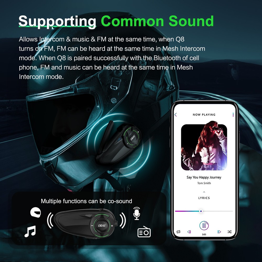 Motorcycle Bluetooth Mesh Intercom Headset 1000M 6 Rider Waterproof Black