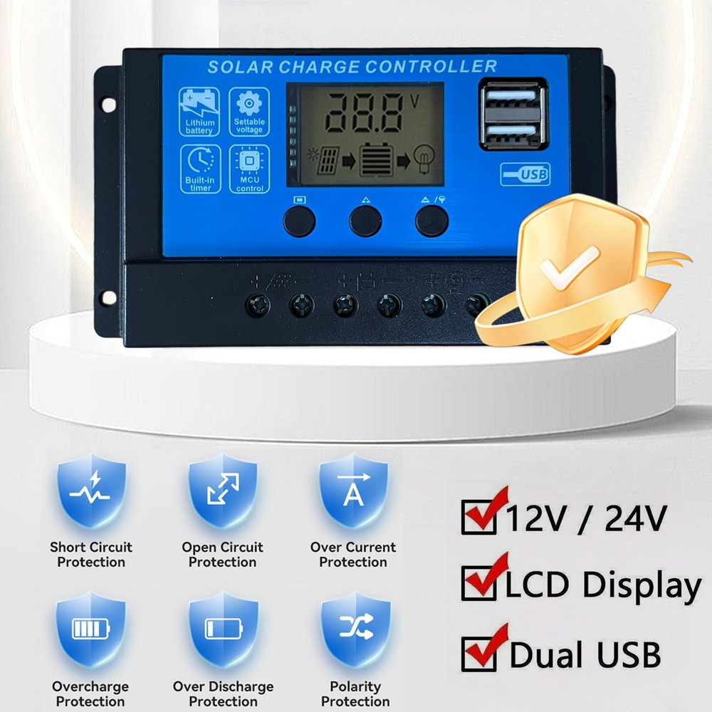 30A Solar Panel Battery Charge Controller 12V/24V LCD Regulator Auto Dual USB