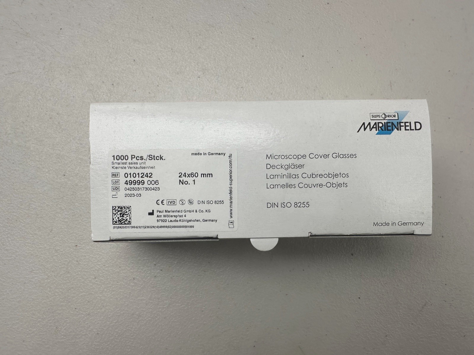 Box Of 1000 Marienfeld Superior 24 x 60mm Rectangular Microscope Cover Glasses