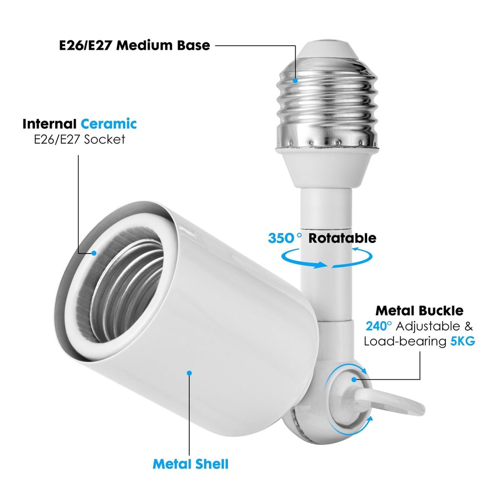 Light Socket Extender 2-Pack, 360° Adjustable E26/E27, 1250W | Indoor/Outdoor