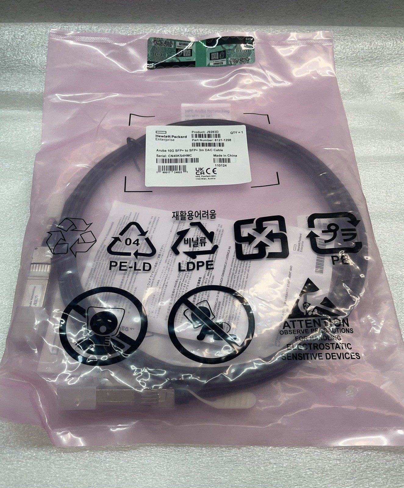 New Genuine HPE Aruba J9283D 10G SFP+ DAC Cable 3M 8121-1298