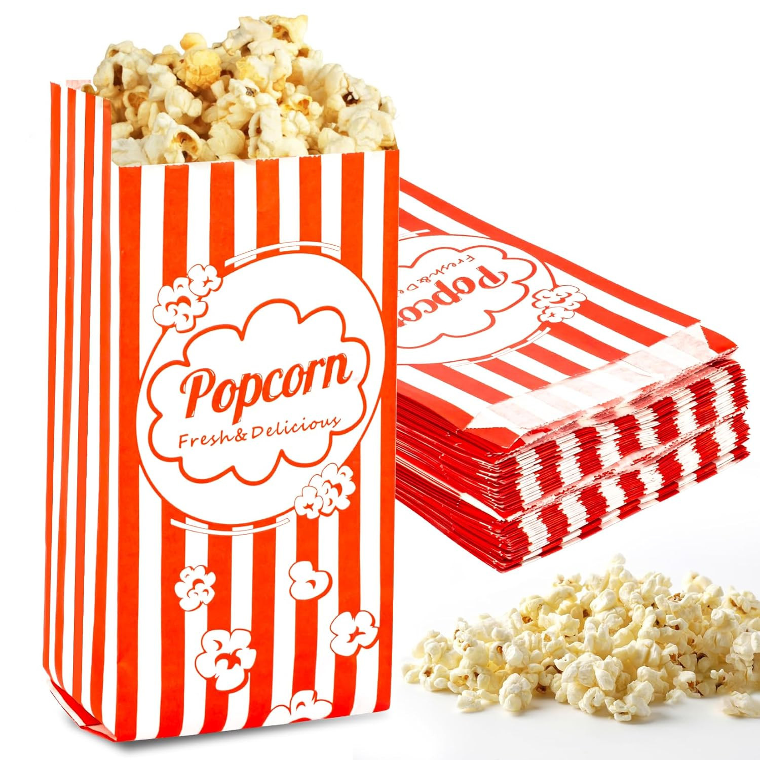 100PCS Disposable Popcorn Bags Bulk Red White Striped Paper Snack Party Favor