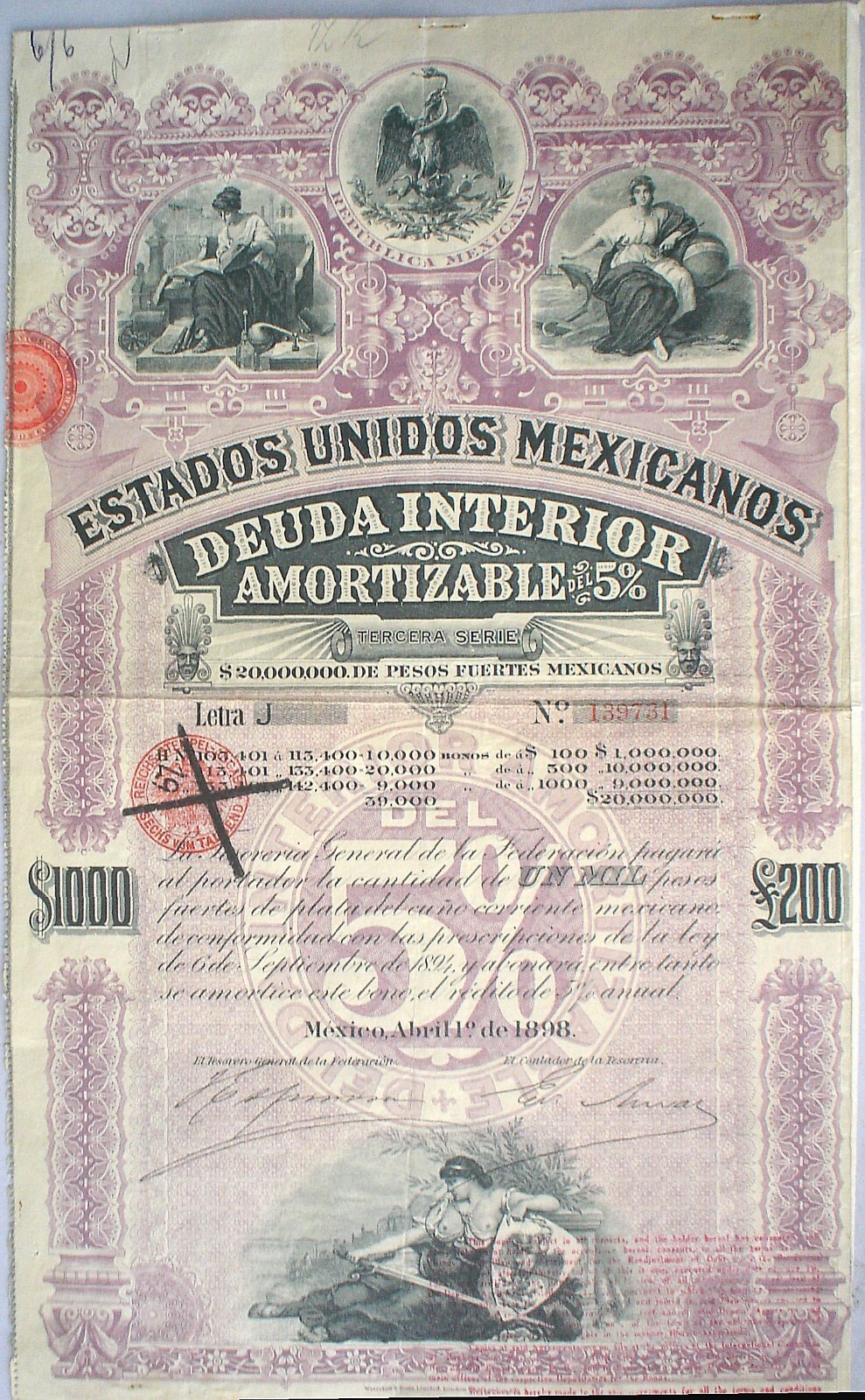 6 x ESTADOS UNIDOS MEXICANOS BONDS 5 x 500 + 1 x 1000$ = £100 + £200 uncanceled