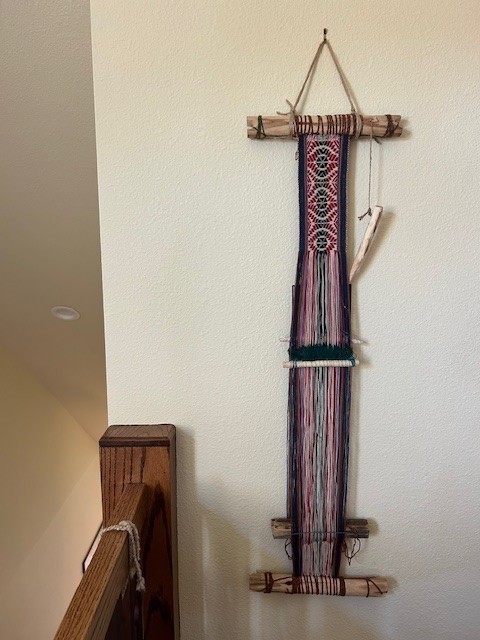 Vintage Peruvian textile, hanging hand loom, hand woven traditional design